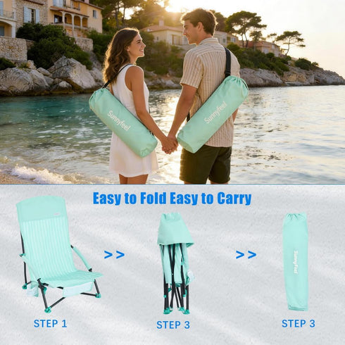 Backpack SUNNYFEEL Portable Low Beach Chair - Lightweight High Back Beach Chair with Cup Holder, Folding Sand Chair