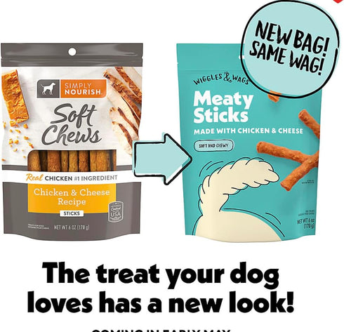 Wiggles & Wags Meaty Sticks, Formerly Simply Nourish Soft Chews, Chicken & Cheese Dry Dog Food, 6oz, 2 Pack
