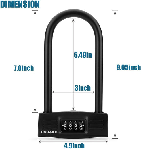 USHAKE Heavy Duty Bike Combination U Lock, Anti Theft Paddle Lock for Bicycle, Electric Scooter, Motorcycles