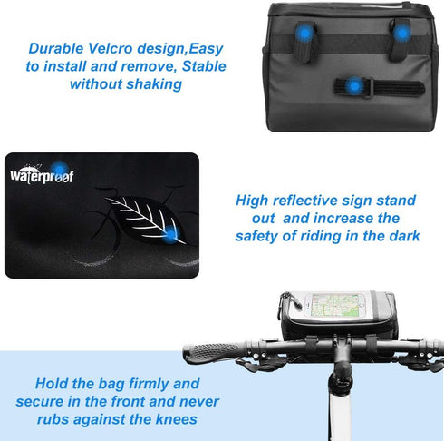 WOTOW Bike Waterproof Handlebar Bag with Touch Screen Phone Holder, Reflective Storage Pouch, 3L for Cycling