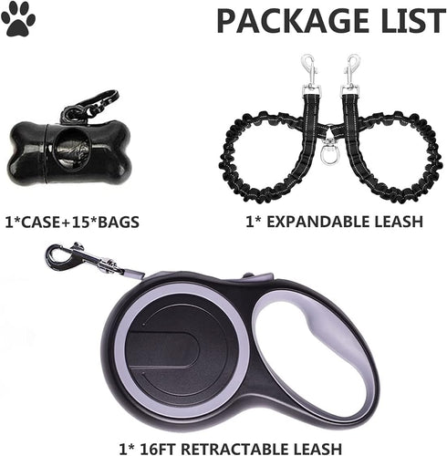 Dual Retractable Dog Leash for Walking 2 Small to Medium Dogs up to 44lbs/20kg, 16 ft Extendable with Poop Bags,