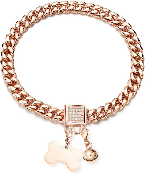 Rose Gold Dog Chain Collar with CZ Design Buckle - Stainless Steel Cuban Link Collar for Boys Girls (14mm, 24'')