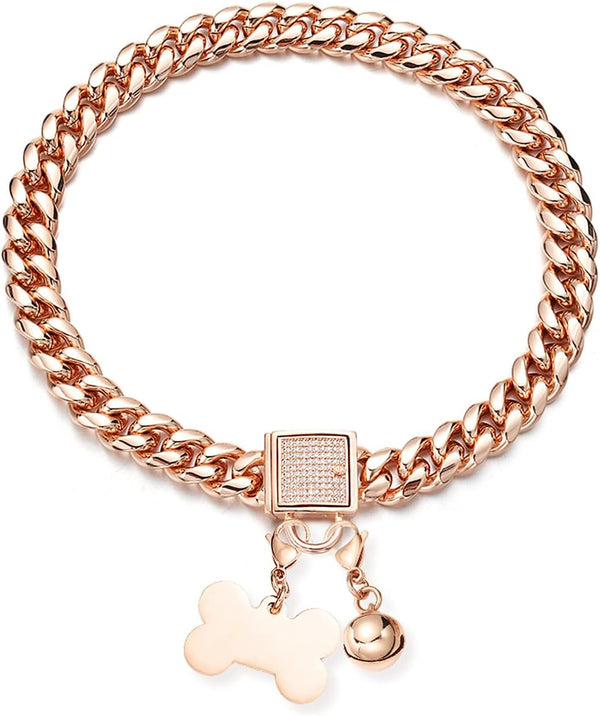 Rose Gold Dog Chain Collar with CZ Design Buckle - Stainless Steel Cuban Link Collar for Boys Girls (14mm, 24'')