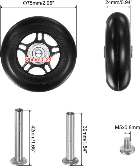 uxcell Replacement Luggage Wheels, 75x24mm Suitcase Wheel Repair Kits with PU Bearing Wheels, Washers, Wrenches, Axle