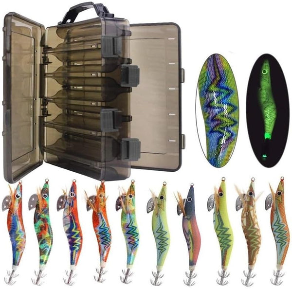 Generic 10pcs/Box Luminous Squid Fishing Bait Hooks Wooden Shrimp Jigs Fishing Lures Hook