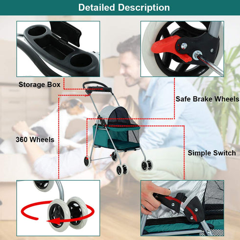 Travel-Friendly Folding Pet Stroller for Cats and Dogs - Teal