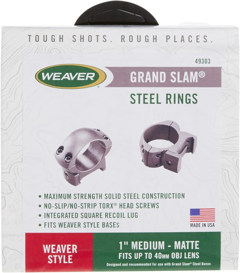 Weaver Grand Slam Steel Medium Top Mount Rings, 1-Inch, Matte Black