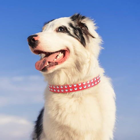BINGPET Adjustable Leather Dog Collar, Real Split PU Leather Studded Pet Collar for Small Medium Large Dogs - RED L