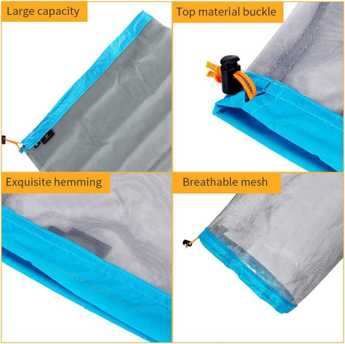 Ultralight Camping Mesh Storage Bag, Drawstring Nylon Sack for Outdoor Travel Hiking (XL-Blue)