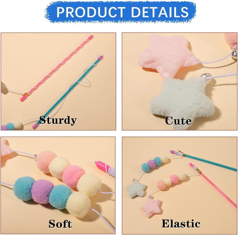 FJYXCHENXM 2 PCS Cat Wand Toy Interactive Cat String Toys Elastic Rope Plush Ball Star Pendant Cat Feather Toy Cat