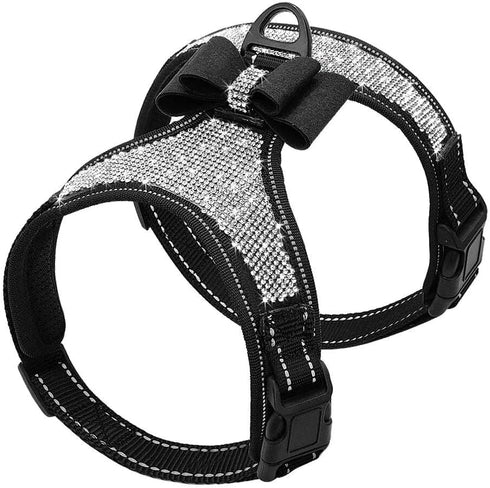 Beirui Soft Fleece Padded Dog Harness - Cute Rhinestone Vest with Sparkly Bow Tie, Reflective Safety Harness (Black, L)