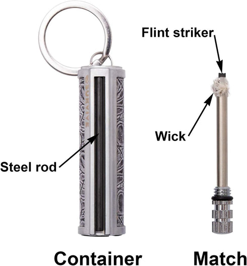 SURVIVE Permanent Match Metal, 2 Pack, Reusable Survival Fire Starter Lighter, Emergency Waterproof Keychain Kit.