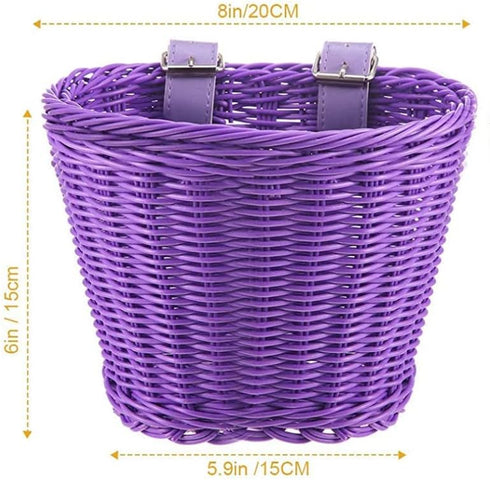 Kid Bicycle Basket, Small Wicker Basket with Streamers, 2 Bells and 30 Stickers for Girls and Boys Bicycle Decoration