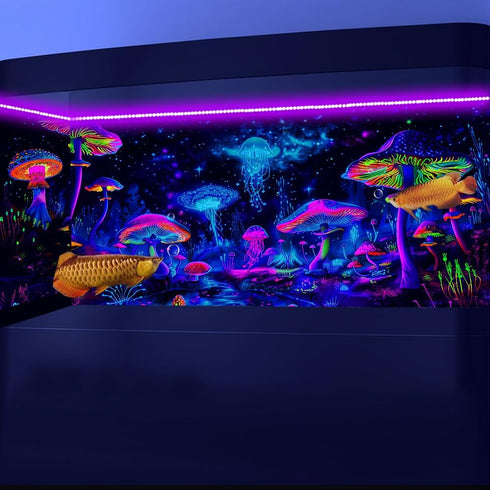 72X24IN Blacklight Mushroom Jellyfish Aquarium Background, UV Reactive Starry Sky Terrarium Background.