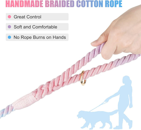 5 FT Handmade Braided Rope Dog Leash for Small, Medium, and Large Dogs, Colorful Macaron