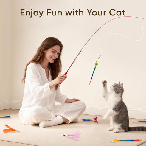 13 Packs Set Cat Toys for Indoor Cats, Interactive Cat Wand Toy with FeatherRibbon Refills, Feather Toys for Exercise