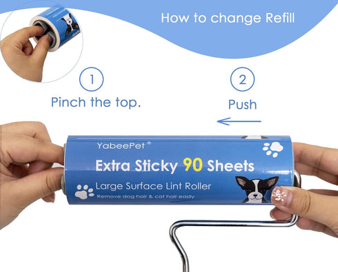 Extreme Sticky Lint Roller for Large Surfaces, Long Handle Pet Hair Remover, 90 Sheets, 6.3 inch Width (1 Roller+2