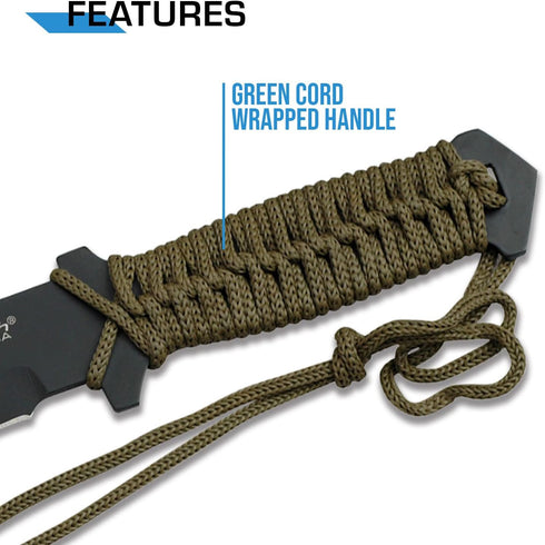 MTech USA MT-528C Fixed Blade Knife, Black Stainless Steel Blade, Green Cord Wrapped Handle, Full Tang, Nylon Sheath,