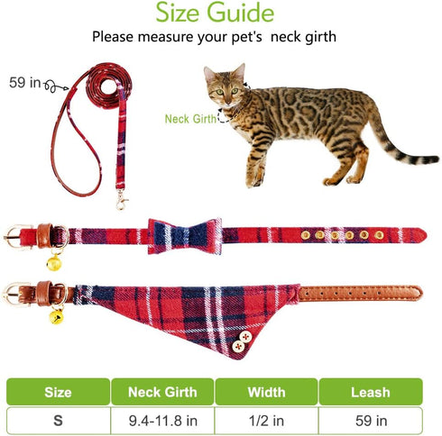 EXPAWLORER Dog Collar and Leash Set, Classic Plaid Dog Bow Tie and Bandana Collar with Bell, Adjustable for Dogs