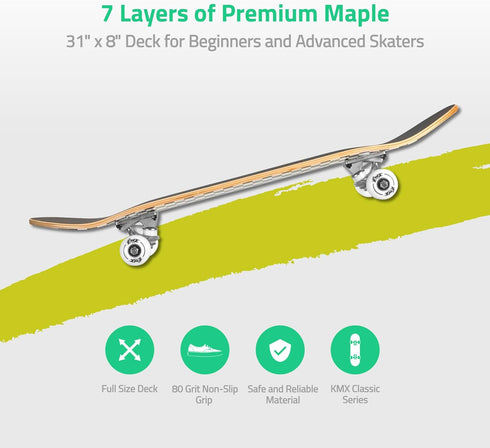 KMX Complete 31" x 8" Skateboard for Beginners, Double Kick Concave Deck, Kids Cruiser for Girls and Boys
