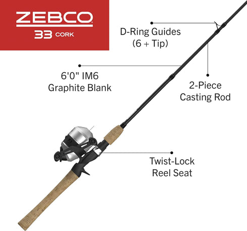 Zebco 33 Cork Reel and Fishing Rod Combo, Black Graphite Rod with Cork Handle & QuickSet Anti-Reverse Reel