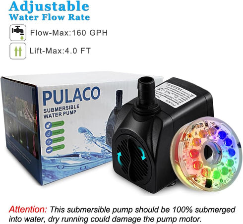 PULACO 10Watt 160GPH Submersible Fountain Pump with Automatic Color Changing LED Light