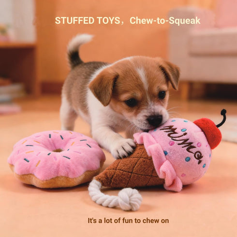 HEAT PAWS Pink Donut & Ice Cream Dog Plush Toys | Plush-Filled Squeaky Chew Toys (with Sprinkle Decoration) |