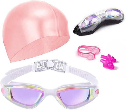 Swim Goggles, No Leaking Swimming Goggles with Nose Clip, Earplugs, Swim Cap and Case for Men and Women