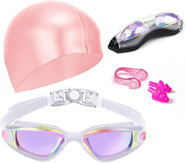 Swim Goggles, No Leaking Swimming Goggles with Nose Clip, Earplugs, Swim Cap and Case for Men and Women