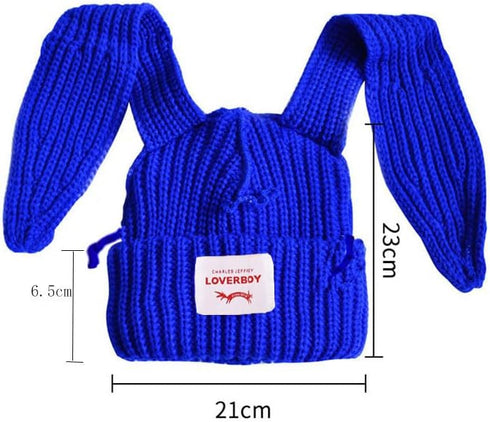 Knitted Beanie Hat with Cute Rabbit Long Ears, Fluffy Winter Outdoor Hat