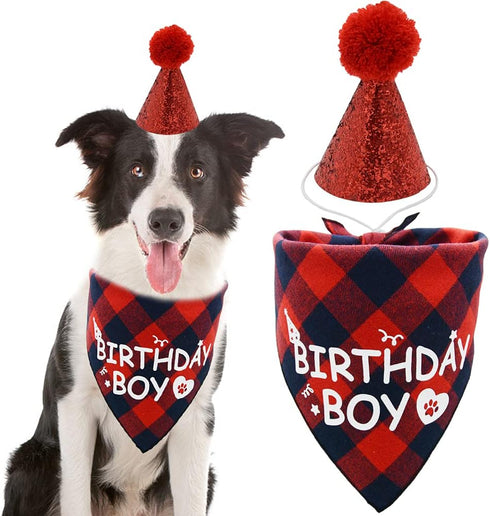 Dog Birthday Boy Bandana and Hat Set, “Birthday Boy” Print Plaid Party Supplies for Small Medium Large Pets (Red)
