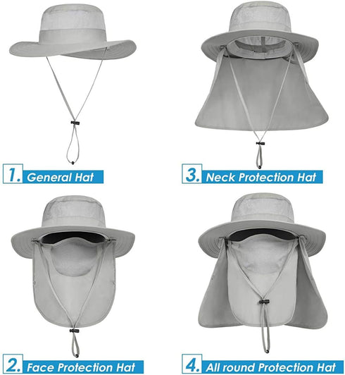 IYEBRAO Mens Outdoor Sun Hat, UV Protection Wide Brim Fishing Hat with Face Neck Flap for Hiking Safari Gardening UPF