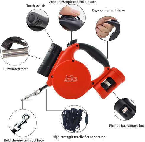 Retractable Dog Leash with Flashlight, Dispenser, and Poop Bag for Small, Medium Dogs and Cats, 360° Tangle-Free (Red)
