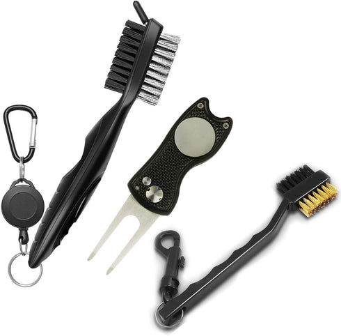 Golf Accessories Set: Metal Divot Repair Tool with Ball Marker, Club Groove Cleaner Brush (3 in 1 Pack)