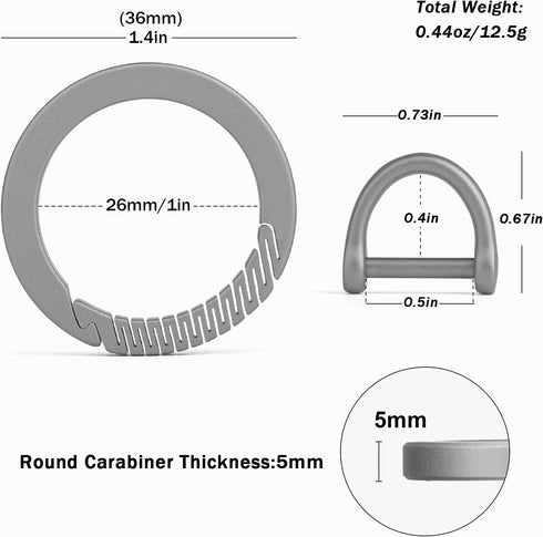 TISUR Titanium Round Carabiner Clip, Spring Hook Key Ring, Small Keychain Carabiner with D-Ring for Keys