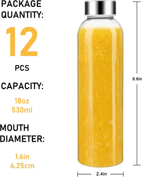 Sursip 18 oz Glass Water Bottles with Lids, Eco-Friendly Reusable Juice Bottles, Set of 12, BPA Free, Leak-Proof
