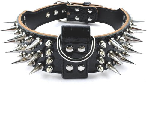 Pet Artist 2" Wide Luxury Genuine Leather Spiked Studded Dog Collars for Medium & Large Dogs, Black, XL