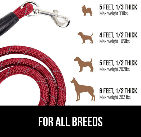 Gorilla Grip Heavy Duty Dog Leash | Soft Handle Reflective Rope for Night Walking, Durable Puppy Training (Red)