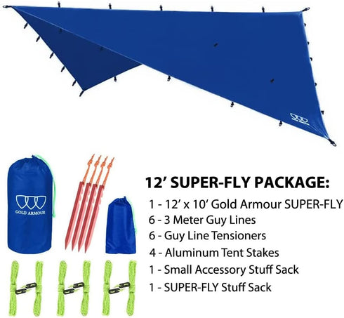 Gold Armour Rainfly Tarp Hammock 12ft x 10ft | Premium Waterproof Ultralight Camping Shelter Canopy, Blue