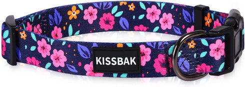 KISSBAK Medium Dog Collar, Soft Adjustable Floral Design for Cute Girl Puppy Dogs (M, Floral)