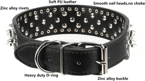 Hoot PU Leather Adjustable Spiked Studded Dog Collar 2" Wide 25 Spikes (XS Neck 15"-18", Black)