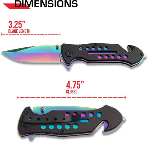 TAC Force Spring Assisted Folding Pocket Knife – Rainbow TiNite Coated Drop Point Blade and Liner, Black Aluminum Handle w/ Rope Cutter, Glass Punch, and Clip, Tactical, EDC, Rescue - TF-509 4.75 inch by TAC FORCE