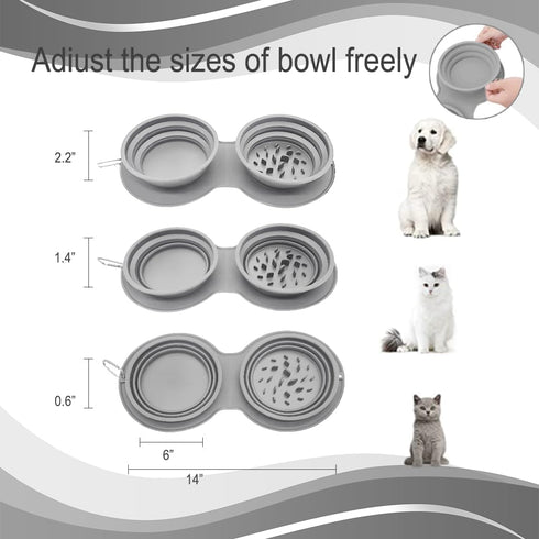 IFOYO Collapsible Dog Bowls, 2 in 1 Upgrade Foldable Expandable Travel Pet Food Feeding Dog/Cat Bowl with No Spill Non-Skid Silicone Mat and Carabiner Clip for Traveling, Hiking, Camping(Gray