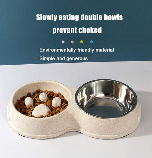 Tineer Double Pet Dog Slow Feeder Bowl, Stainless Steel Anti-Choke Puppy Food and Water Feeder (Pink) for Dogs Cats