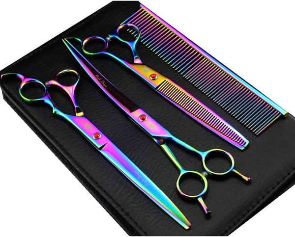 Purple Dragon 8.0 inch Dog Hair Cutting, Curved and Thinning Scissors Shear