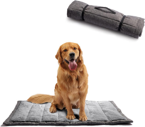 Portable Outdoor Dog Bed, Rollup Travel Mat with Carry Handles, Super Soft Crate Pad for Large Dogs, 42”x28”, Grey