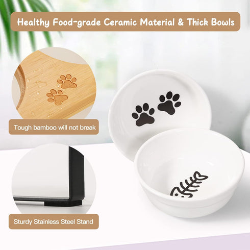 Ceramic Elevated Cat Bowls with Bamboo Stand, 10° Tilted Raised Dishes for Food and Water, Anti Vomiting Pet Bowl Set