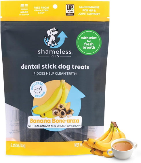 Shameless Pets Dental Treats, Banana Bone-Anza, Healthy Sticks with Hip & Joint Support, Grain-Free