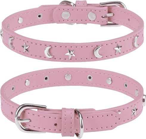 Leather Dog Collar for Small Medium Dogs, Adjustable Star and Moon Studded Collar with Rust-Proof Metal Buckle, Pink,