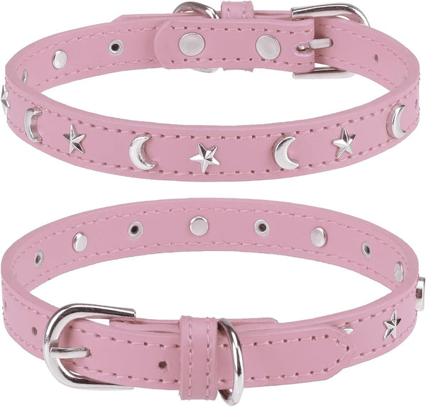 Leather Dog Collar for Small Medium Dogs, Adjustable Star and Moon Studded Collar with Rust-Proof Metal Buckle, Pink,